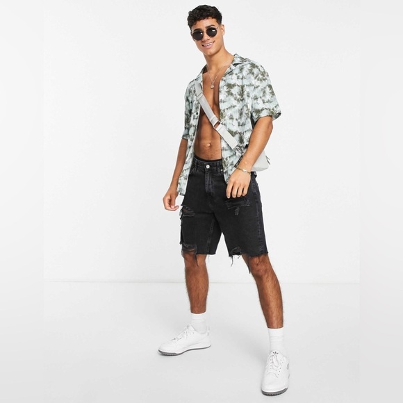 River Island Palm Print Revere Shirt Green Men’s Size M - Picture 4 of 15